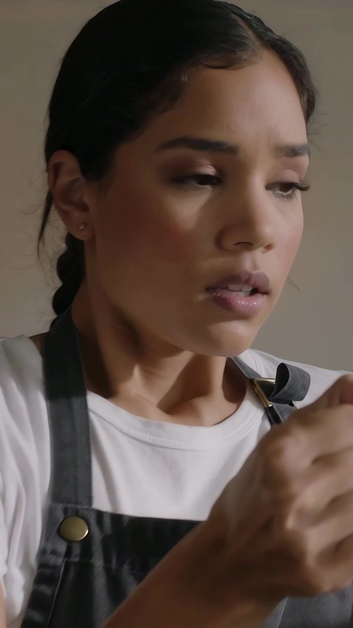 Vertical video: Tilting milk pitcher, barista in apron preparing coffee at counter, inspecting pour