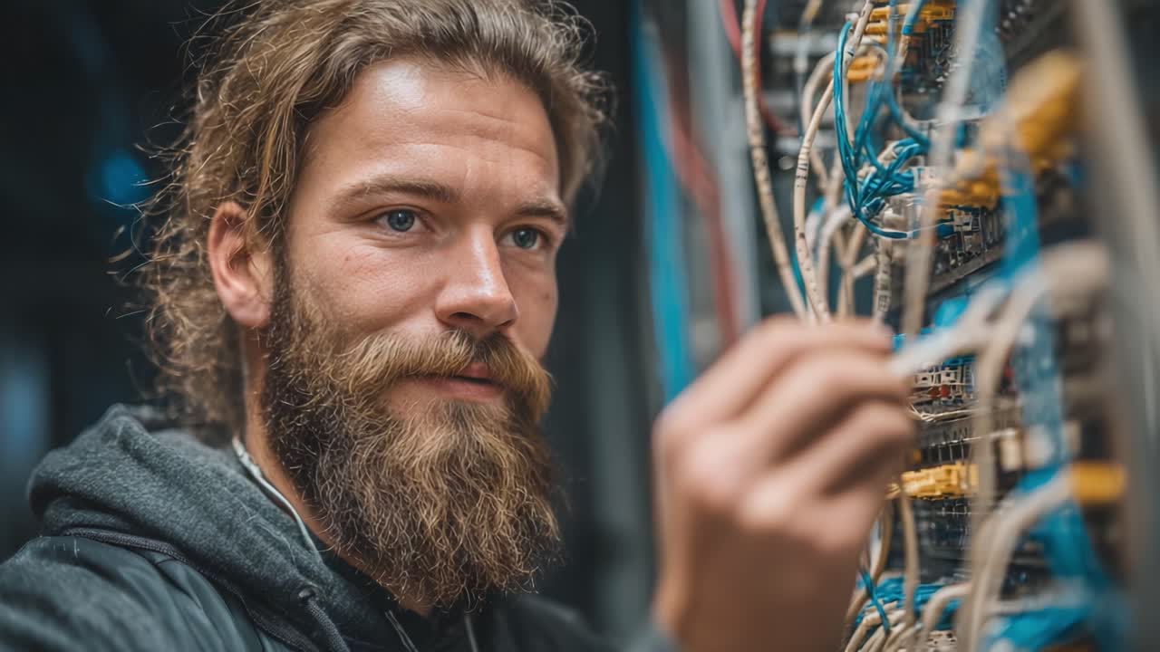 Technician Analyzing Complex Wiring Systems with Precision and Care in a High-Tech Environment, Focused on Maintenance and Troubleshooting Challenges