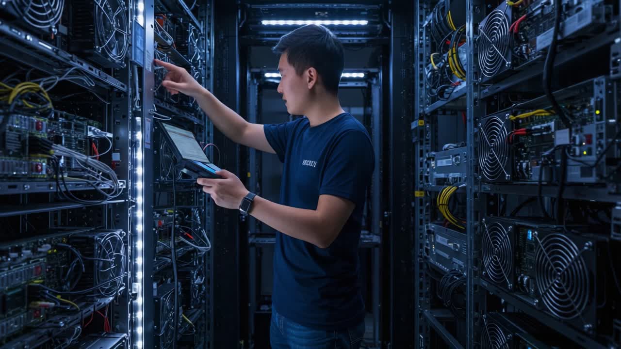 A Computer Technician Monitors and Maintains a Network of Servers Inside a High-Tech Data Center, Ensuring Smooth Operations and Connectivity for Users