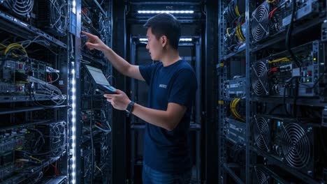 a computer technician monitors and maintains a network of servers inside a high-tech data center, ensuring smooth operations and connectivity for users