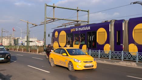 tram on a bridge in istanbul, turkey