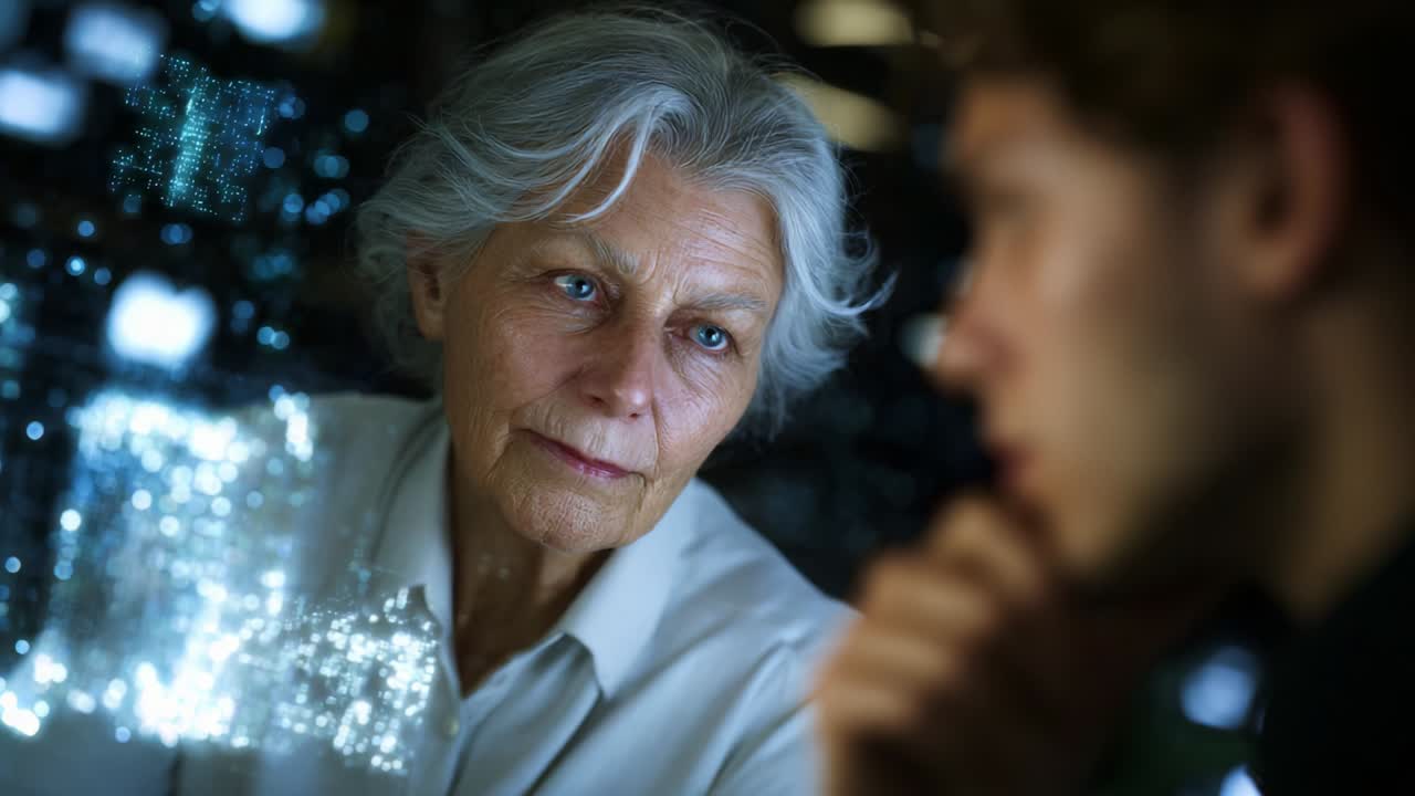 An Emotional Exchange Between Generations: A Thoughtful Elderly Woman Engages in Deep Conversation with a Young Man as They Navigate Complex Ideas with the Help of Digital Visuals