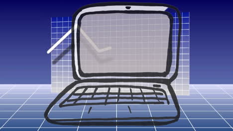 laptop sketch with rising arrow animation on grid background