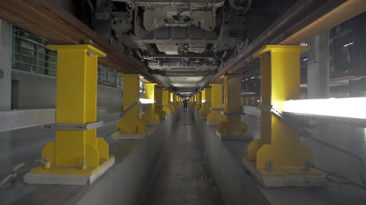 유지 보수 플랫폼 내부의 트램 웨이를 확인하는 남자