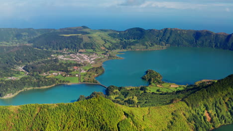 Aerial-drone-view-of-volcanic-lakes-in-Sao-Miguel,-Azores-Islands---Portugal