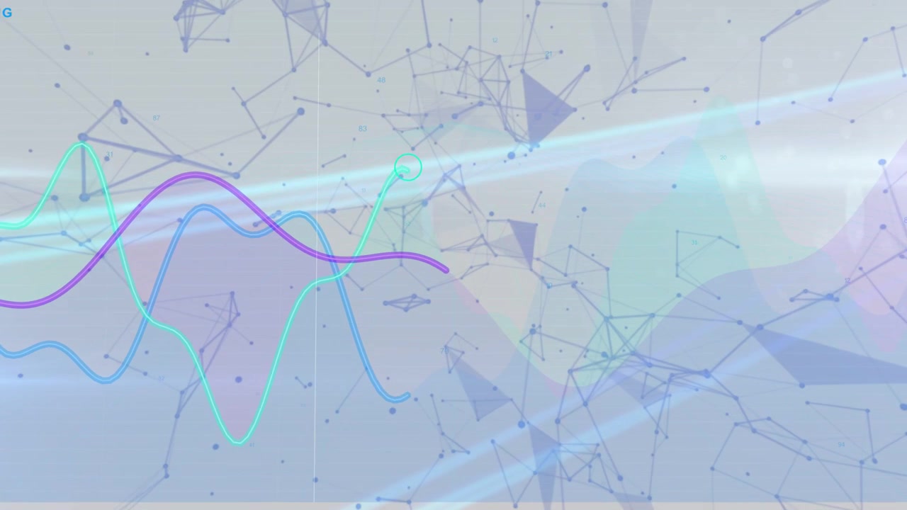 Diagonal light streaks sparking nodal mesh shifting while three waves rising, aligning to show data