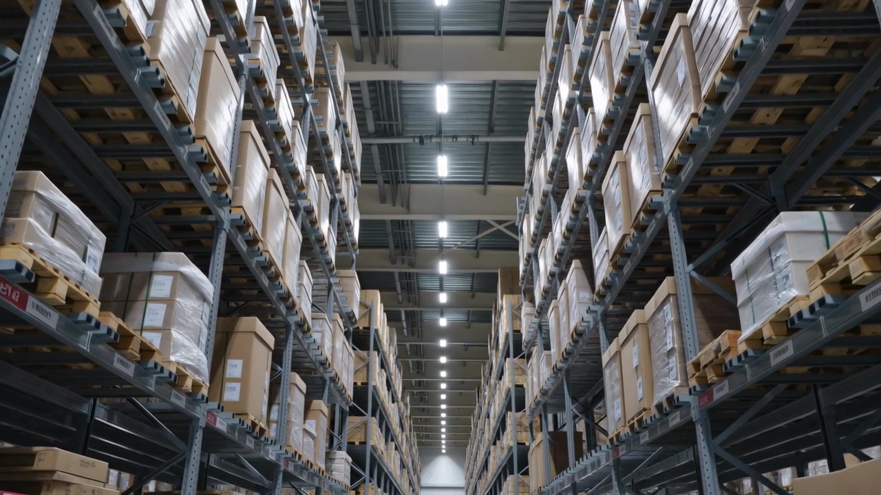 Moving camera revealing tall steel racking in warehouse, showing pallets, LED lights to show scale