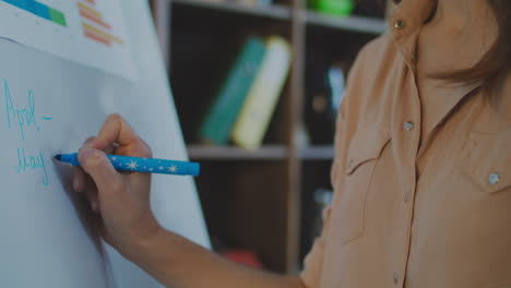 primer plano de una mujer de negocios escribiendo un plan de negocios en flipchart