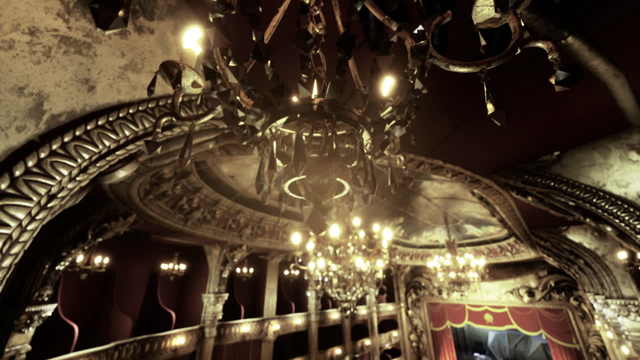 Charming interior of historic theater with ornate chandeliers