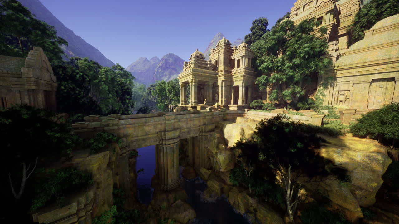 Ancient ruins surrounded by lush vegetation and mountains in daylight