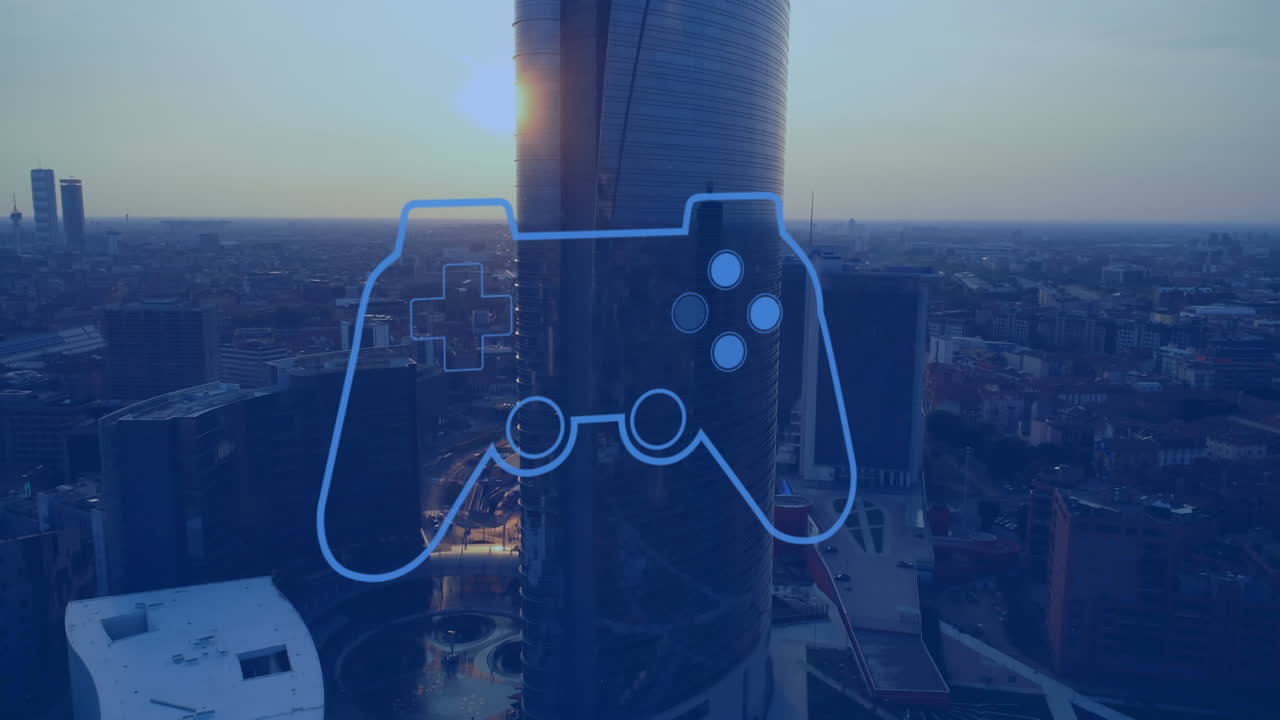Animation of flashing blue video game console over cityscape