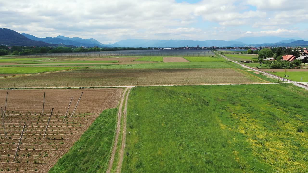 Aerial Drone Shot of Rural Farms Growing Near Celje, Slovenia