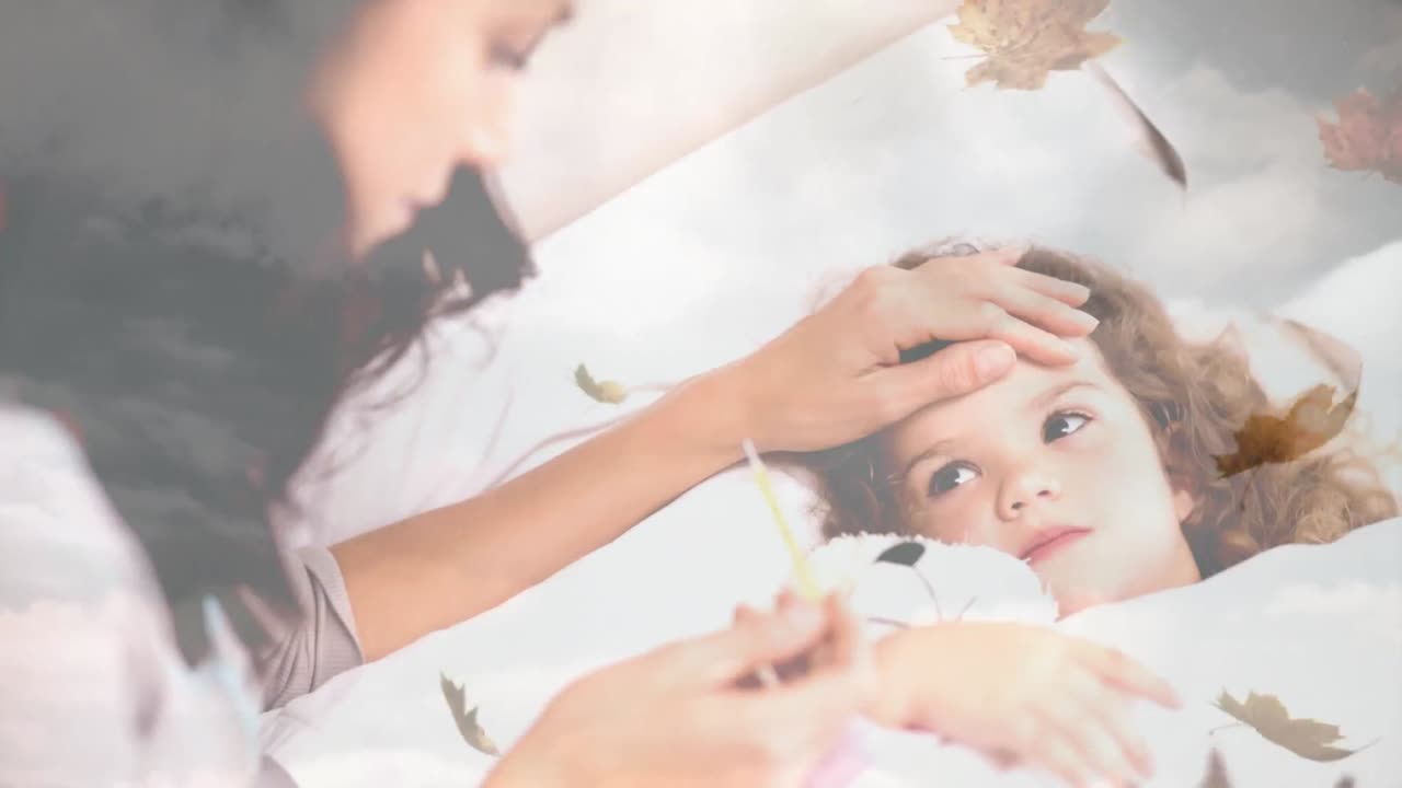 hojas de otoño que caen y una mujer chequeando la fiebre de su hija con un termómetro 4k