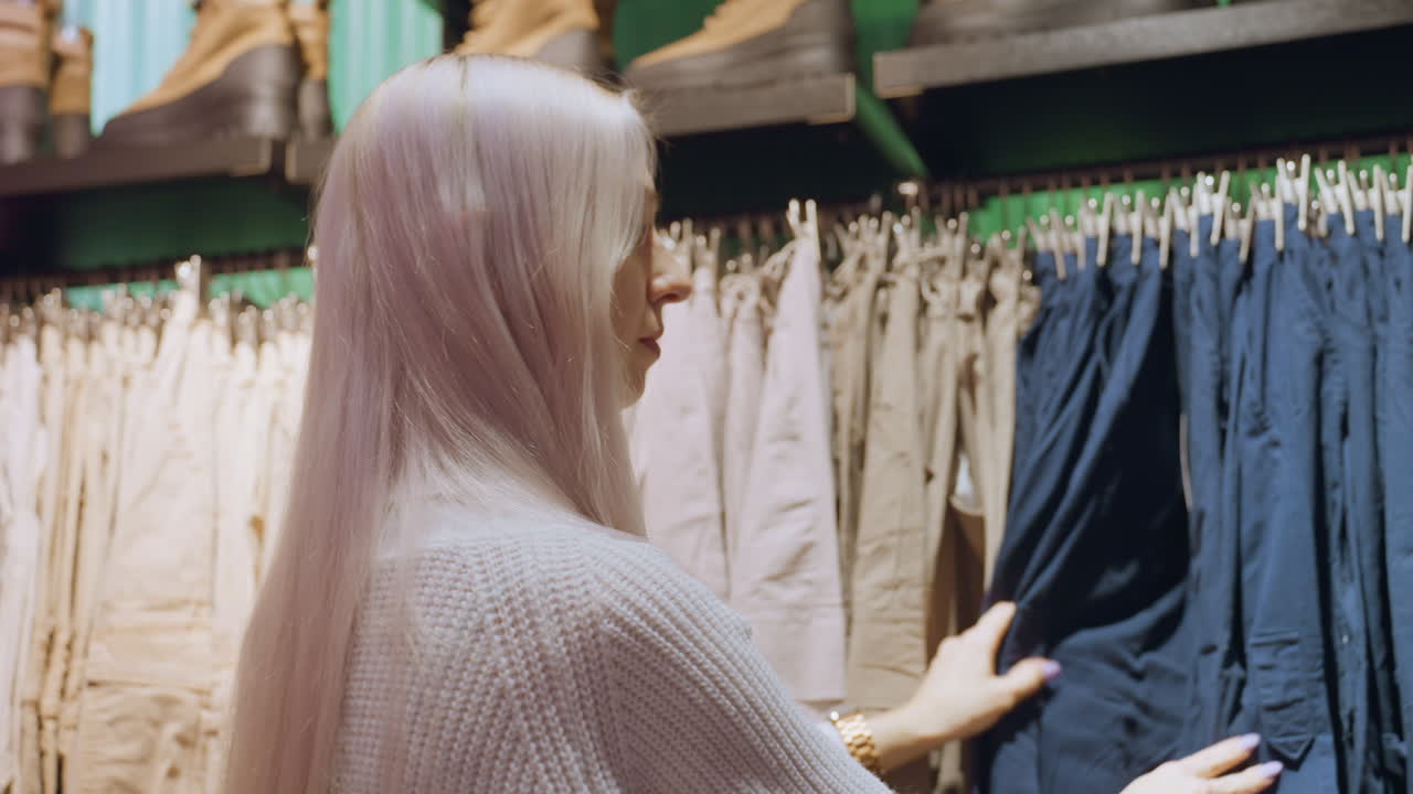 Back view of contemplative customer browsing rack of denim jeans in clothing store, pulling one pair from hanger clips while fashion boots displayed on top shelf and blurred racks fill setting