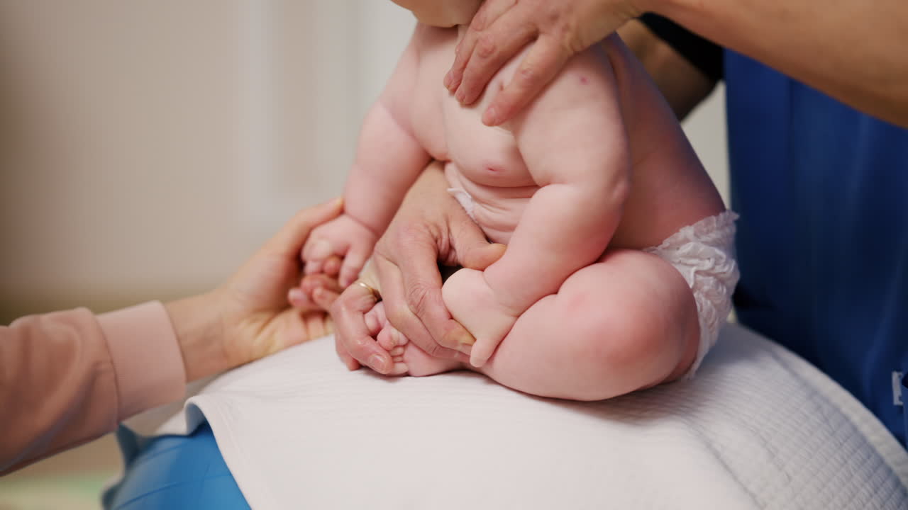 Baby placed on a stability ball while adults support the infant's body