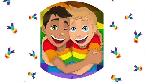 animation of two boys hugging over rainbow flag and rainbow ribbons on white background