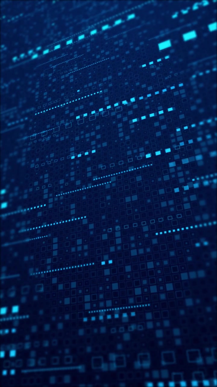 Blue digital matrix data background with glowing square blocks dotted grid patterns depth blur and