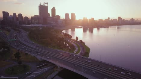 Aerial-View-of-a-Perth-Skyline-at-sunrise