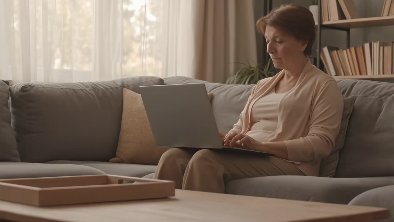 Senior woman using a laptop on a couch at home