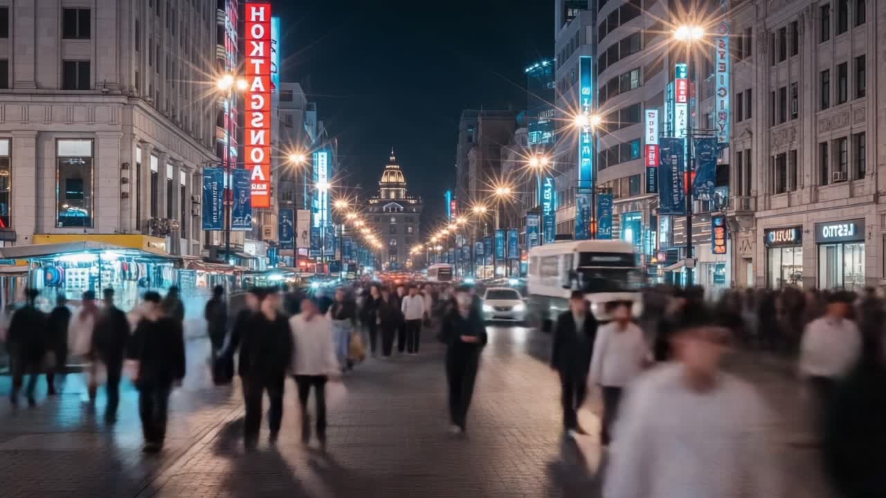 A Bustling Urban Street Scene at Night, Capturing the Energy of Crowds and City Lights with Vibrant Neon Signs Illuminating the Cityscape