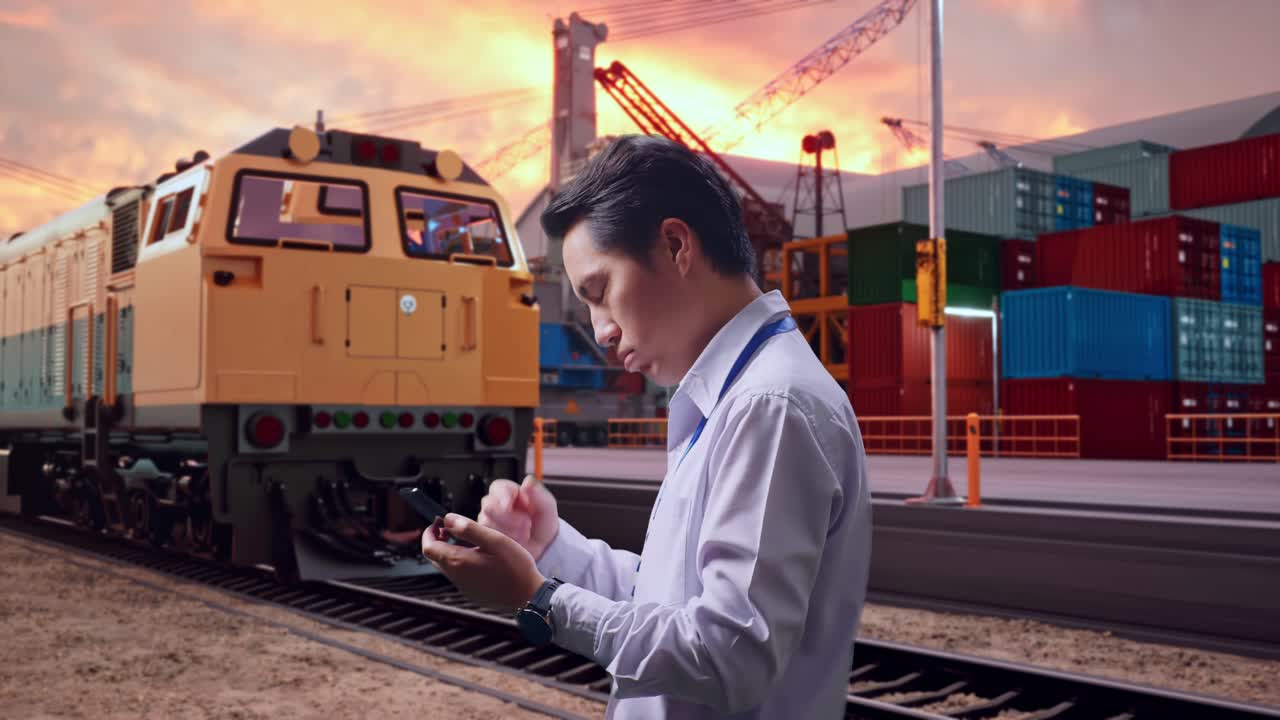 Side View Of An Asian Male Professional Worker Standing With His Smartphone With Freight Cargo Train At Port, Checking With Dissapionted And Nodding His Head