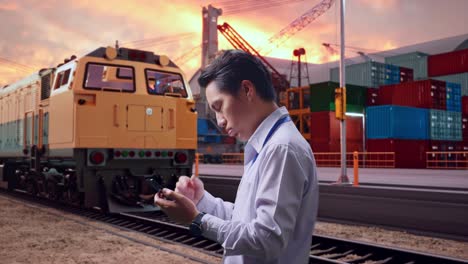 side view of an asian male professional worker standing with his smartphone with freight cargo train at port, checking with dissapionted and nodding his head