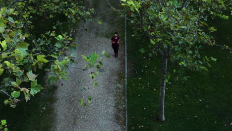 Aerial-shot-of-woman-jogging-on-pathway-in-the-Enrique-Tierno-Galván-Park