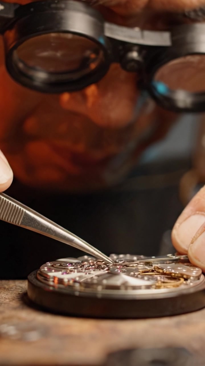 Intricate Craftsmanship: A Skilled Artisan Delicately Assembles Timepiece Components Under Magnification, Showcasing Precision and Expertise in Watchmaking