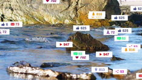 social media notifications animation over rocky shoreline with flowing water