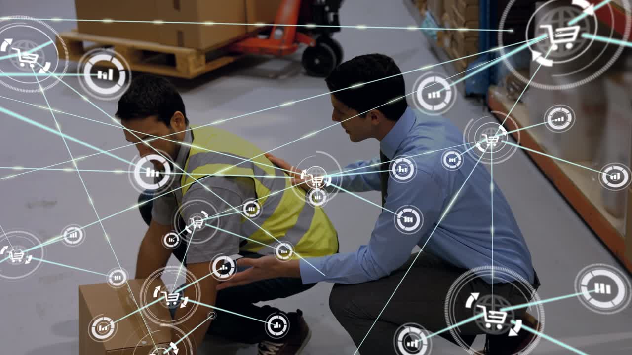 Animation of network of connections and icons over warehouse workers