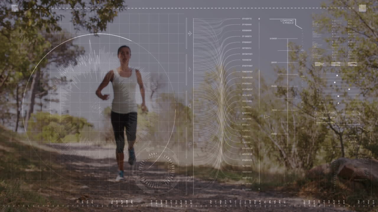 animación de pantalla digital y procesamiento de datos sobre la mujer en forma corriendo
