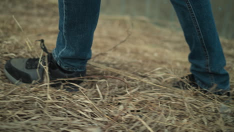 ein genauer blick auf die beine und schuhe eines mannes, der vorsichtig auf trockenes gras tritt, jeans-hose und schwarze leinwand trägt