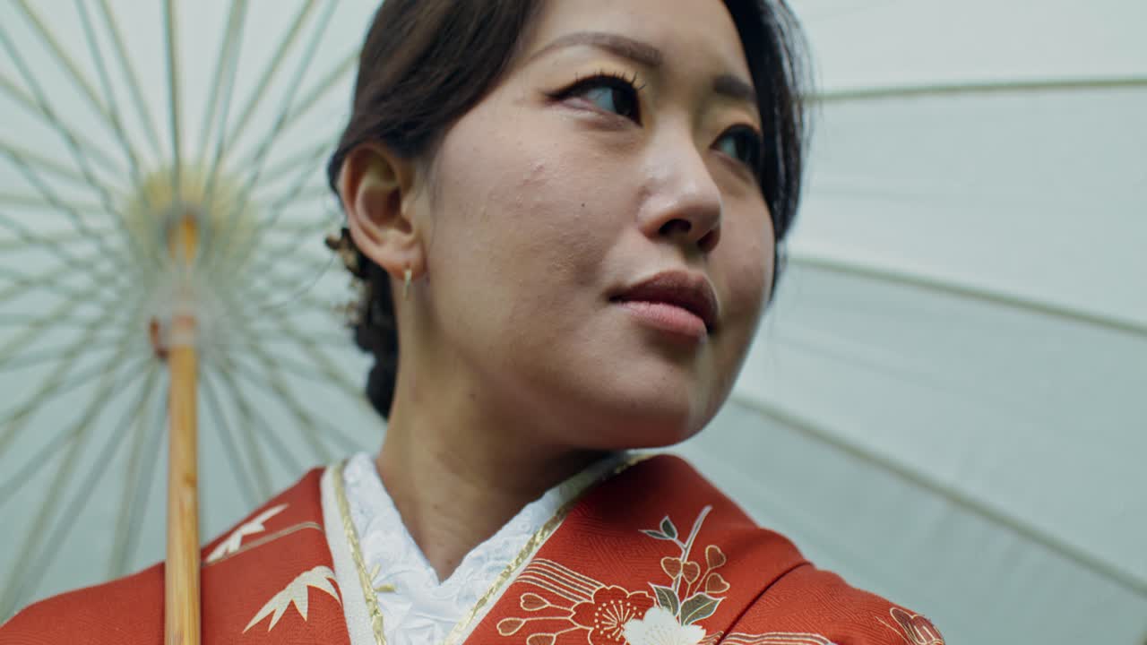 Woman in Traditional Japanese Kimono with Umbrella