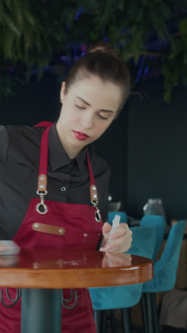 Waitress Disinfecting Tables before Cafe Opening