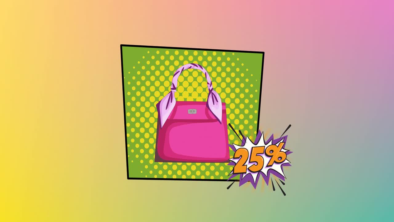 animación de un bolso de mano sobre un fondo colorido