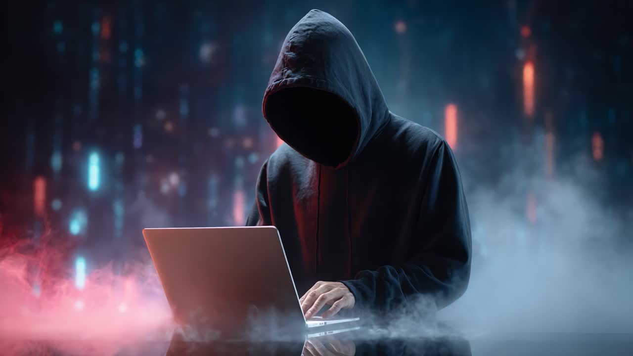 Mysterious Figure in Hooded Attire Engaged in Digital Activity with Laptop Surrounded by Fog and Colorful Lights, Representing Themes of Cybersecurity and Digital Intrigue