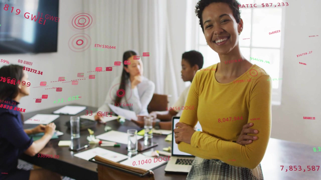 Standing woman yellow top smiling as data overlays appearing, guiding focus during business meeting