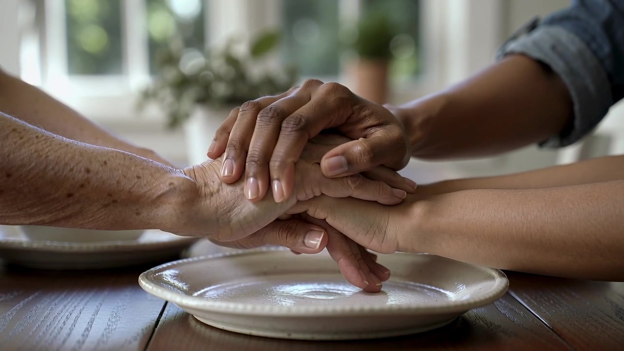 Alcanzando desde la derecha, adulto estrechando la mano de una persona mayor, apilando, reconfortando en una mesa con un plato, mezclilla