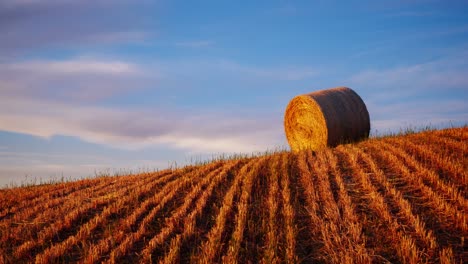 4k timelapse of hay bales on the field at sunset, tuscany, italy