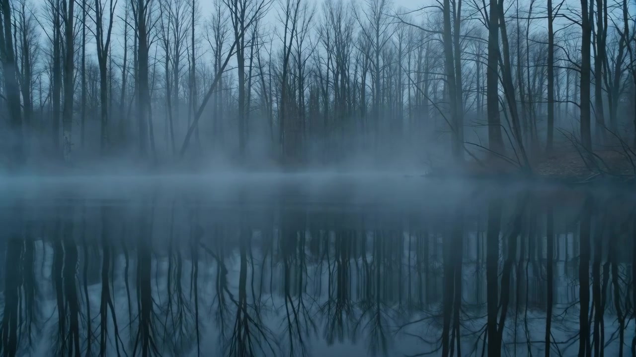 Tåkete skogscene ingen synlig handling statisk scene, i tåkete skog med vannrefleksjoner, med trær, vann, fra et fast vidvinkelperspektiv, med blå, grå aksenter, nærliggende objekter