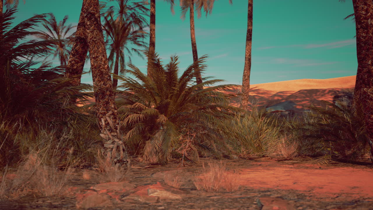 나무 와 모래 언덕 이 있는 평온 한 사막 오아시스