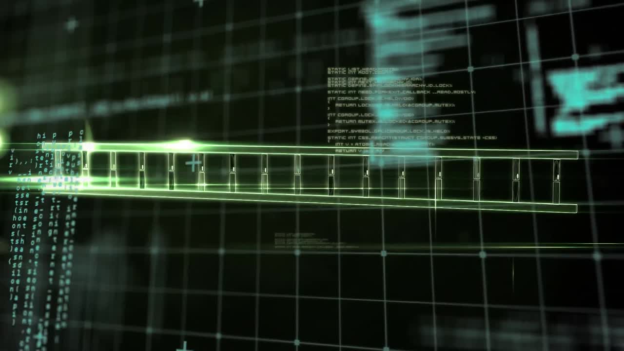 Animation of dna strand over science data processing on dark background