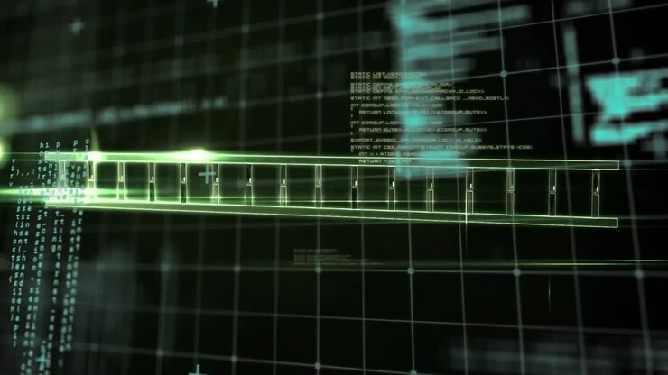 Animation of dna strand over science data processing on dark background