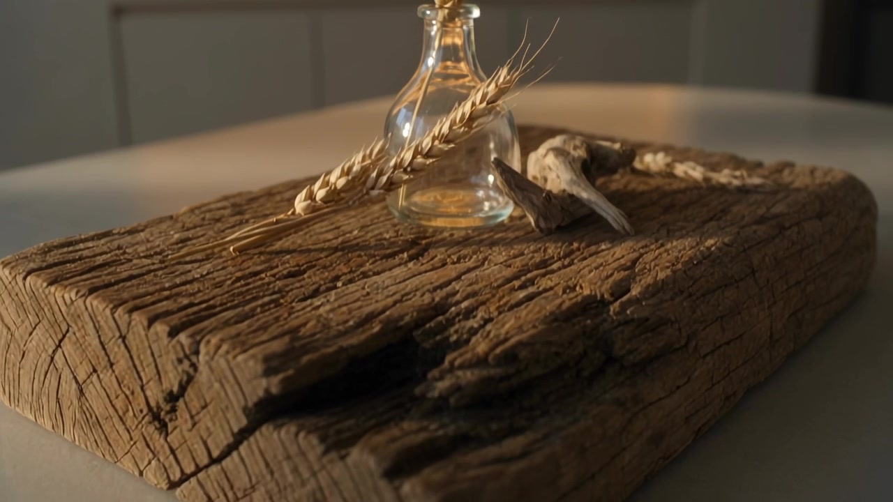 Kameraet senkes ned mot en eldet planke på et bord hjemme, og avslører trestruktur, en flaske og hvete.
