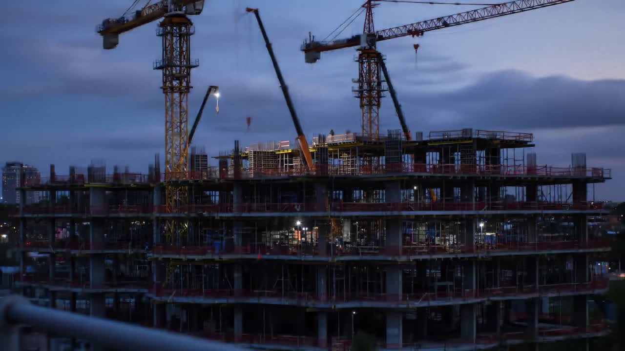 Construction crews are busy working on a high-rise building at night, utilizing cranes and bright lights to illuminate the site. The skyline shows a blend of city lights and structures.
