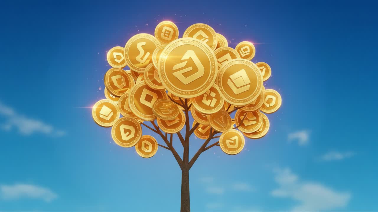 A Vibrant Tree Flourishing with Golden Coins Against a Blue Sky, Symbolizing Prosperity and Abundance in a Whimsical Digital Fantasy Setting