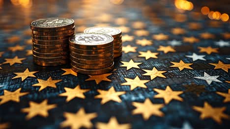 coins stacked on a textured surface with golden stars and lights