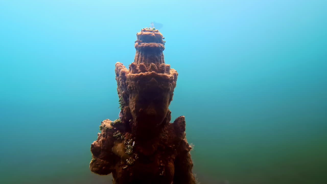 A submerged Balinese-style underwater statue with coral and sea sponge growth stands on a sandy bottom in clear blue water