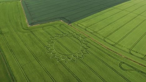 Extraterrestrial-Alien-Crop-Circle-Pattern-in-Rural-Farmland,-Aerial-Drone-View