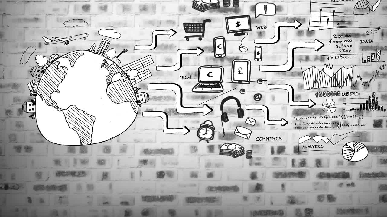 animación de globo en blanco y negro con red de negocios e iconos de medios en gris